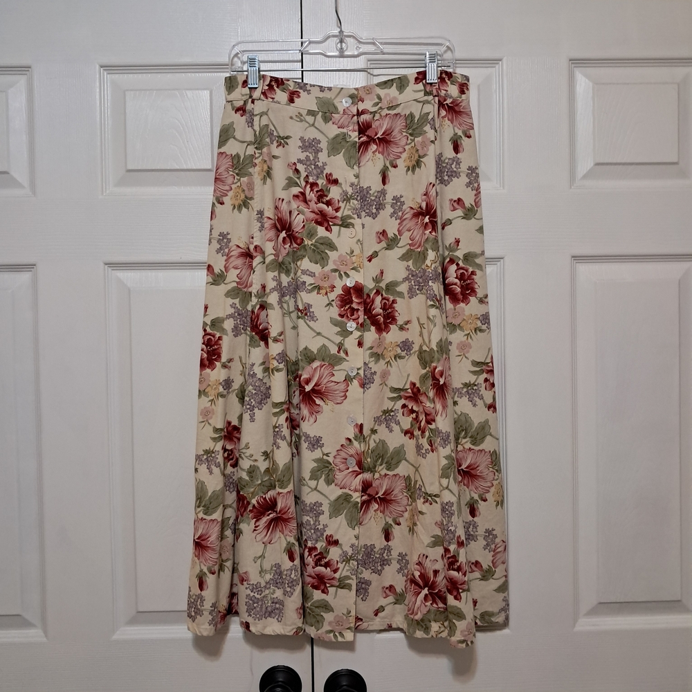 Marisa Christina A-Line Skirt with Floral Pattern in Cream and Red